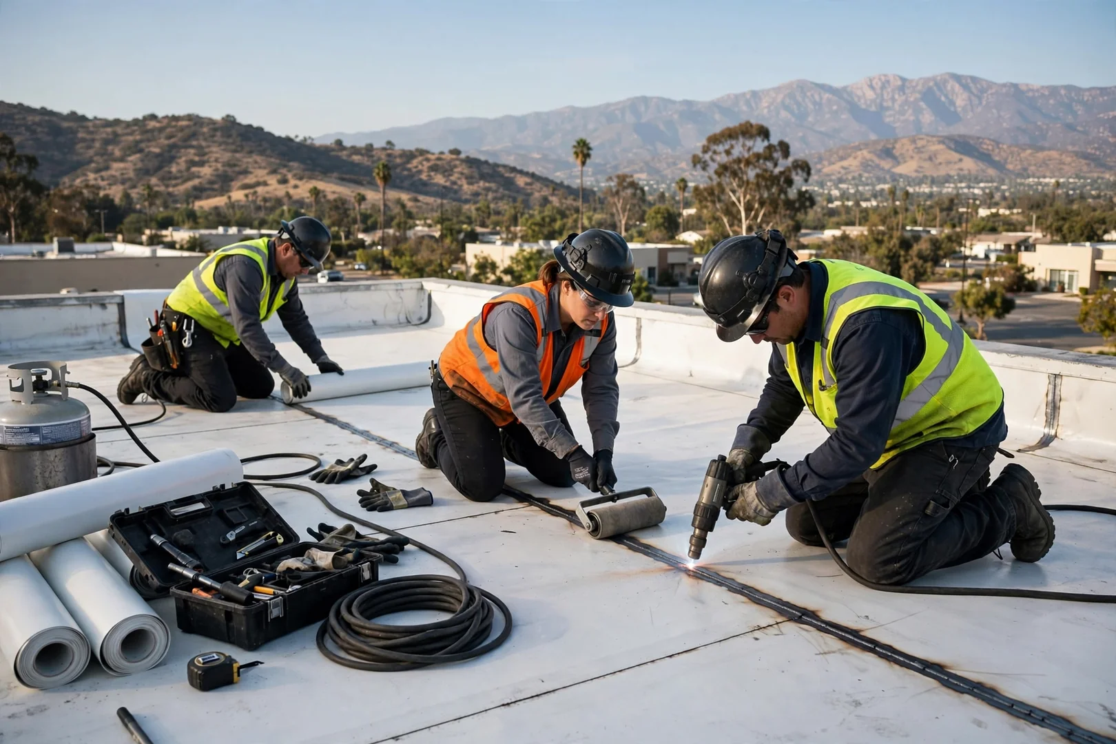 Roofing crew hot-air welding TPO membrane seams on a San Dimas commercial building