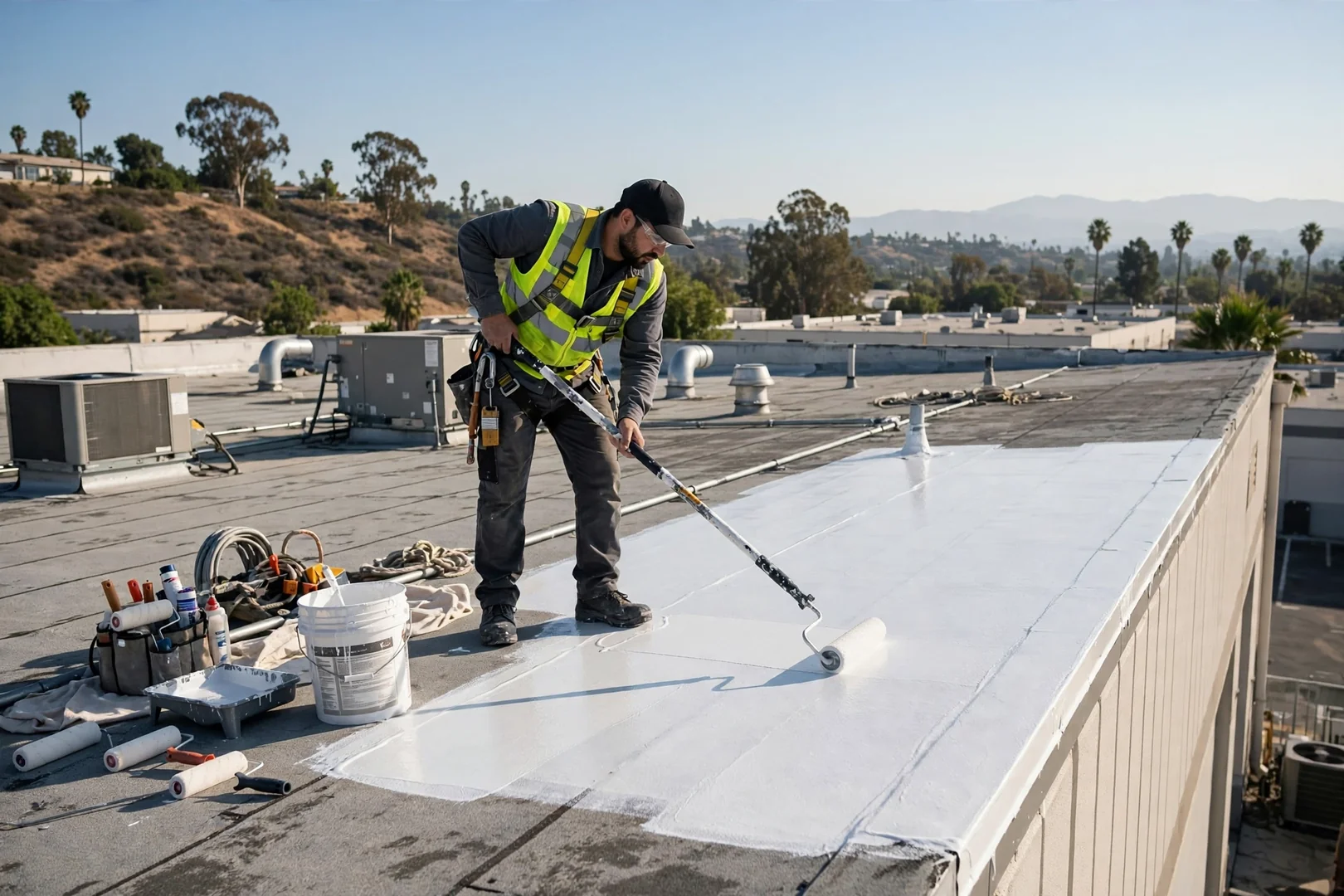 Technician applying reflective silicone coating across a low-slope warehouse roof