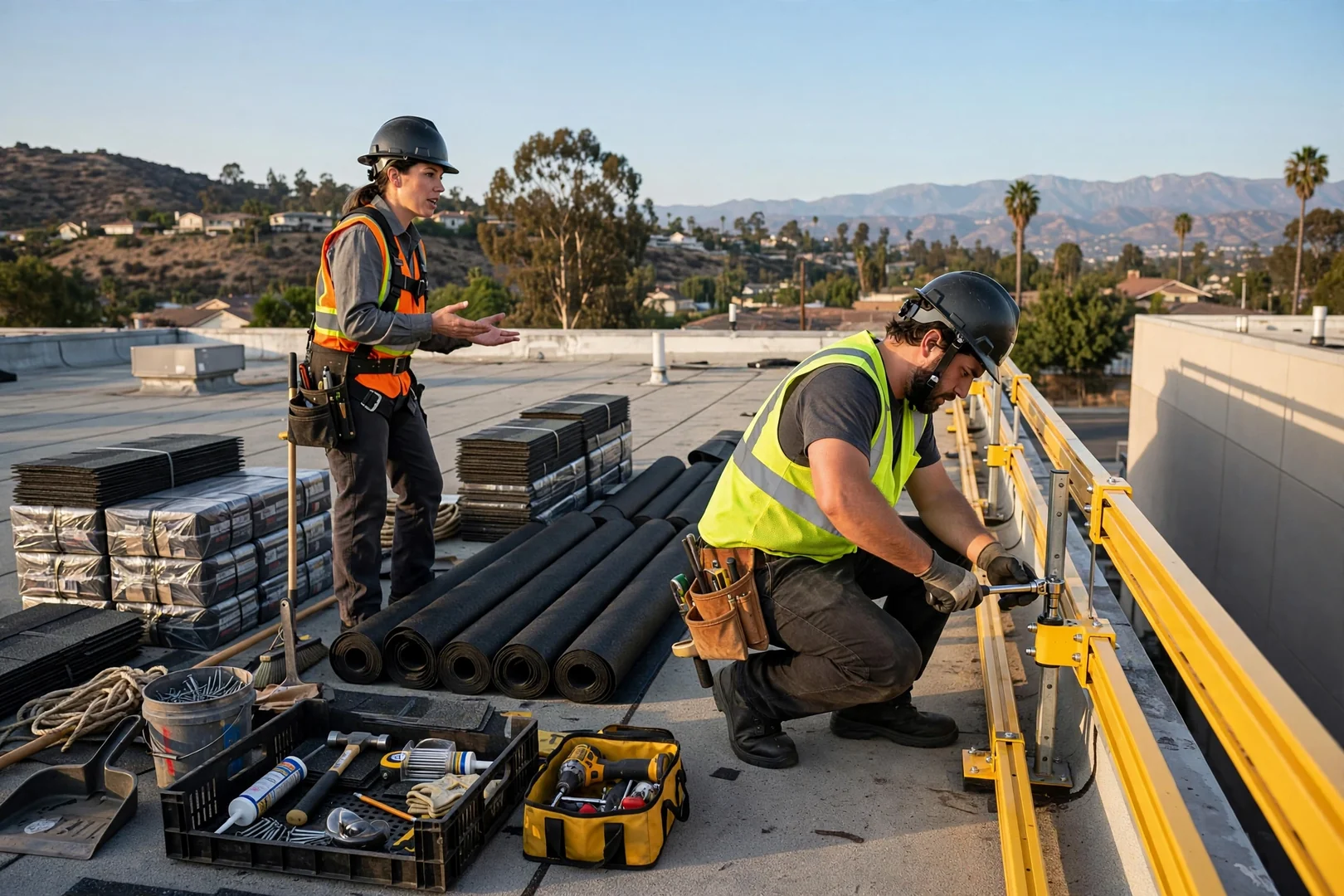 Staged roofing materials and safety edge protection organized on a commercial rooftop