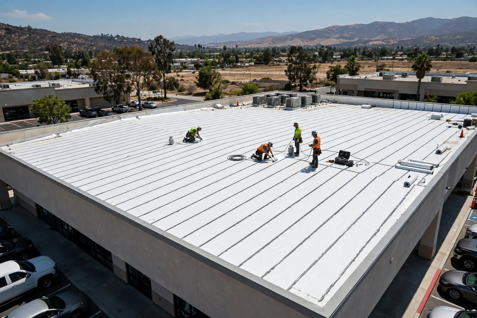 Wide shot of newly installed white TPO membrane on a San Dimas retail rooftop