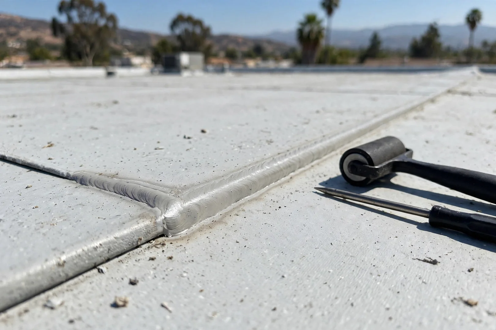 Close-up of hot-air welded membrane seam along a commercial roof field