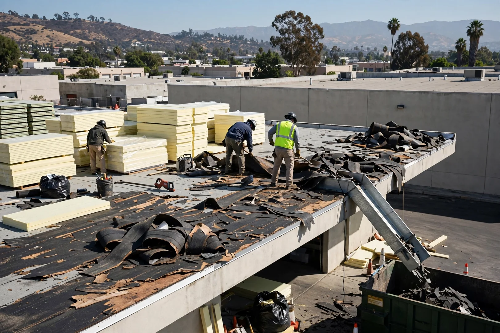 Warehouse roof tear-off in progress with staged insulation boards and debris chute