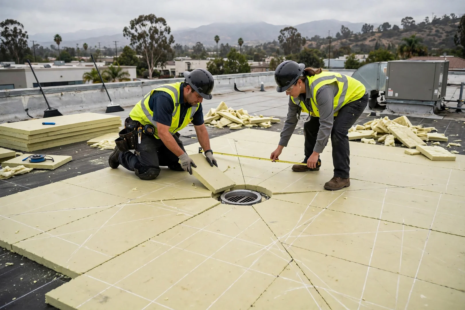 Tapered insulation layout correcting ponding water near a commercial roof drain