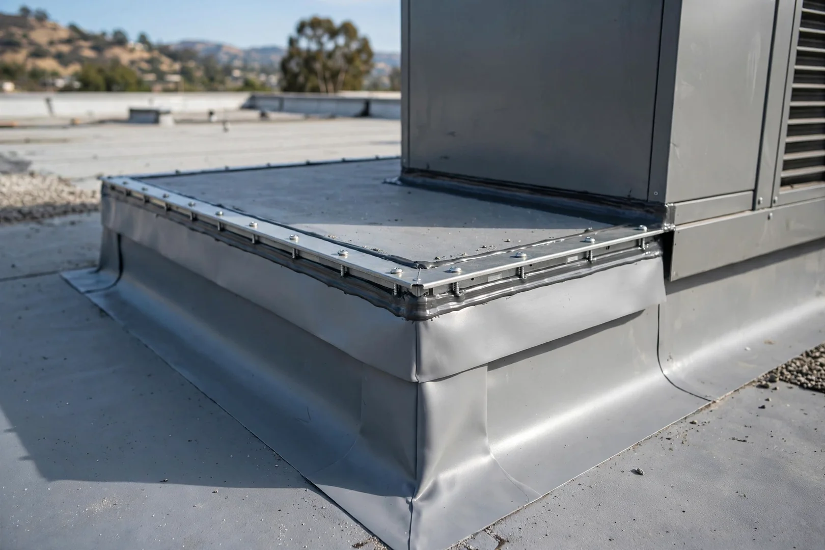 Flashing detail installed around rooftop HVAC curb on an office building