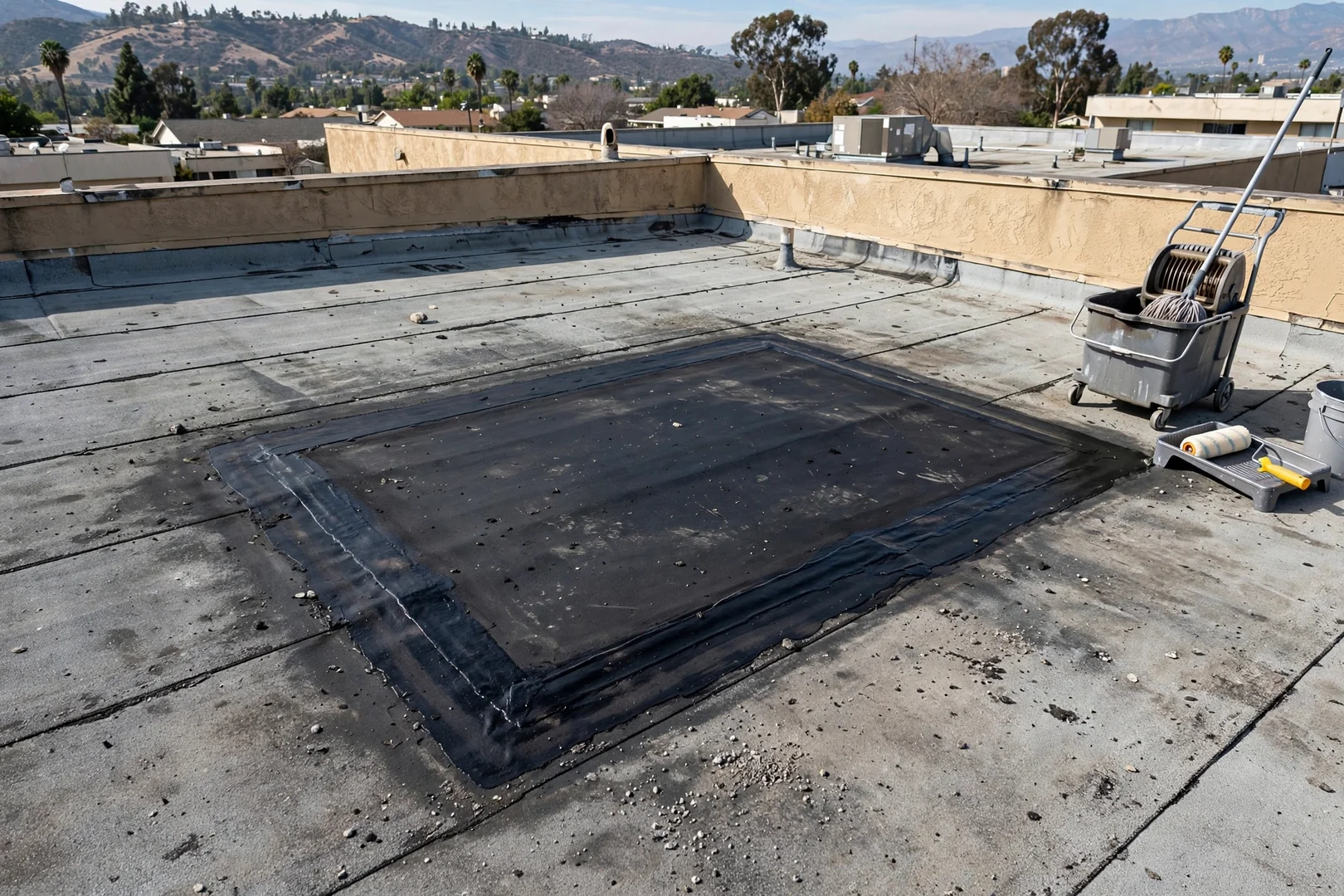 Modified bitumen repair section blended into an aging low-slope commercial roof