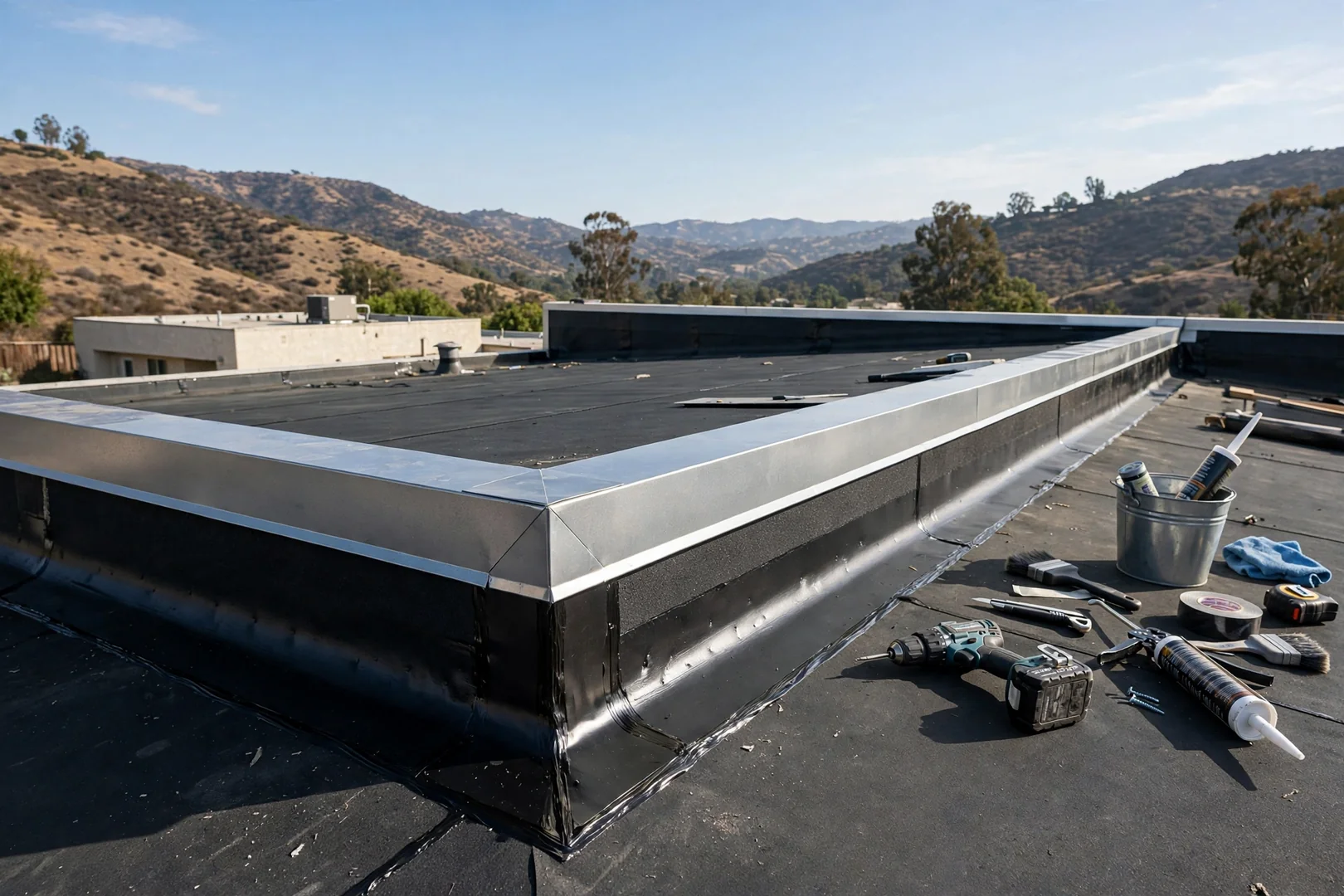 New parapet edge metal and coping installed along a medical suite rooftop