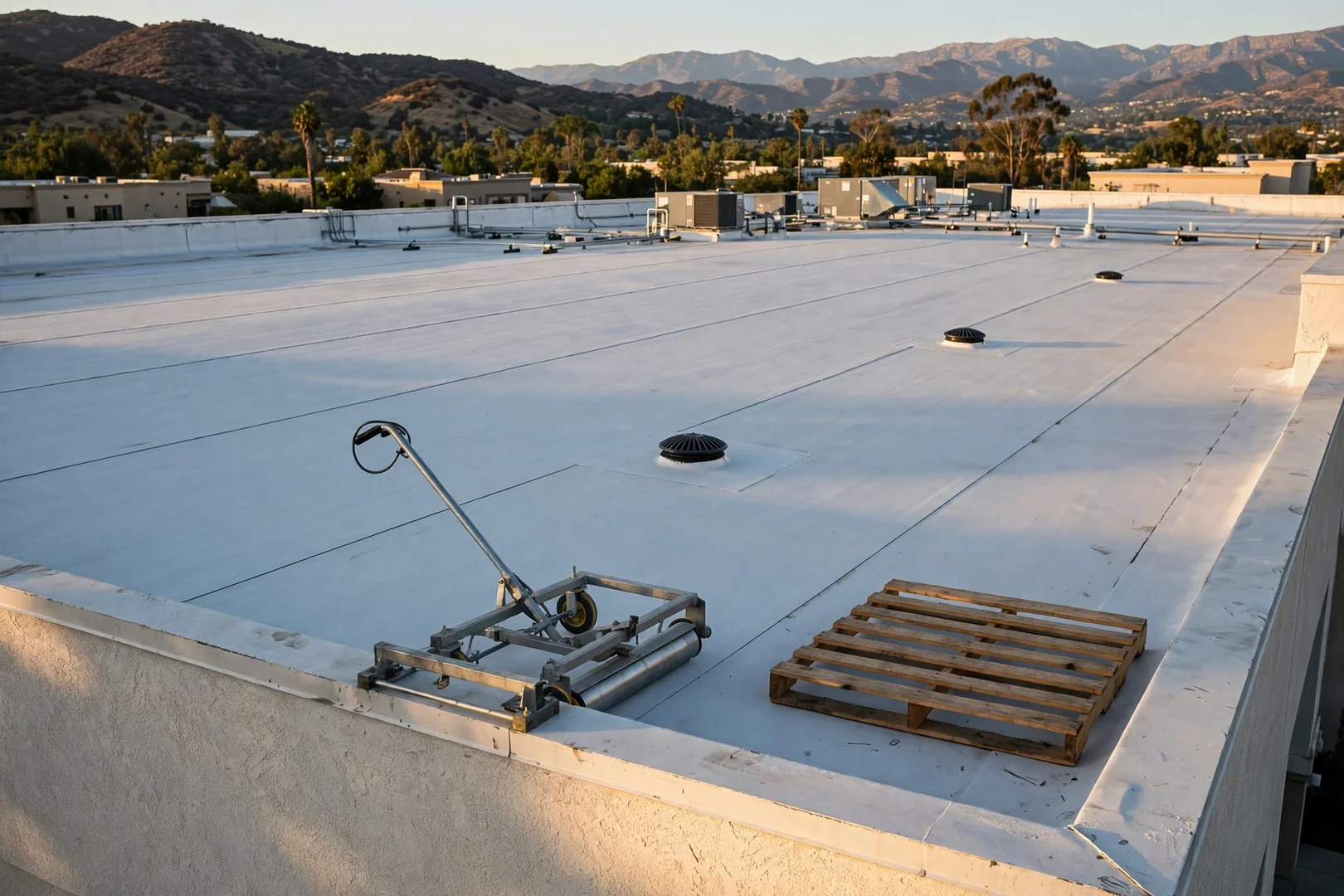 Finished commercial roof after cleanup with clear drains and swept perimeter