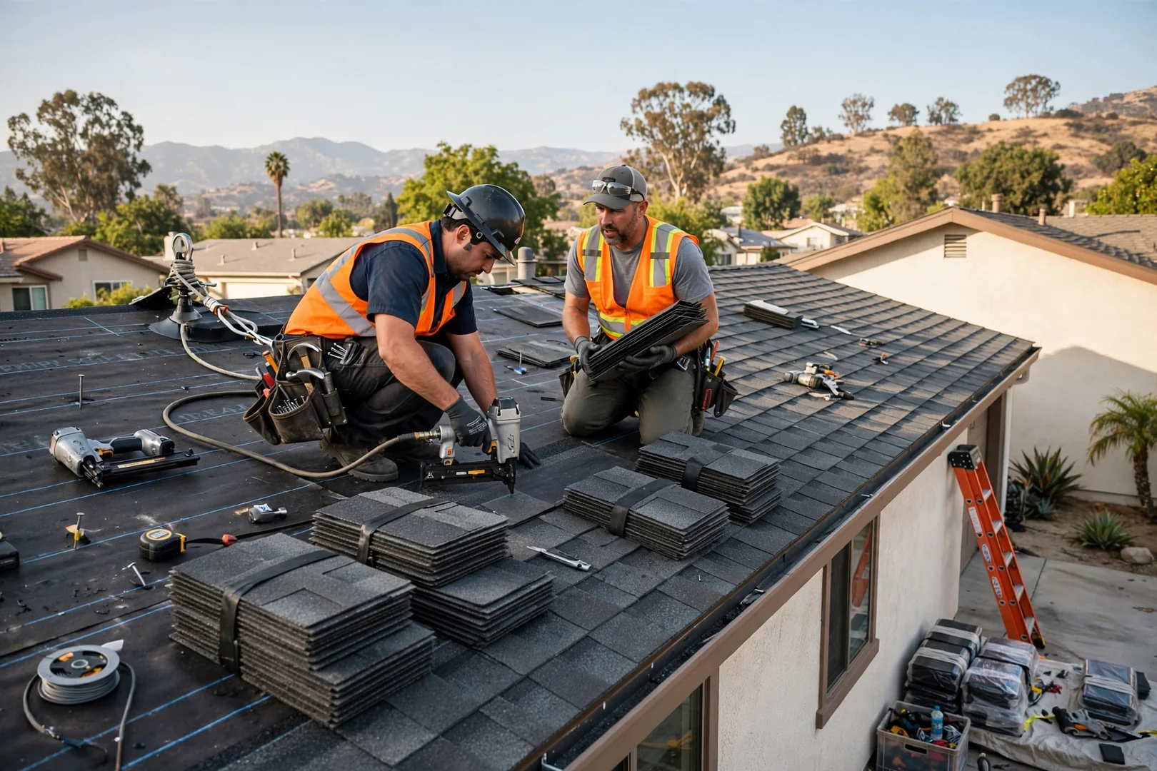 Commercial roofing crew heat-welding TPO membrane seams on a flat San Dimas rooftop