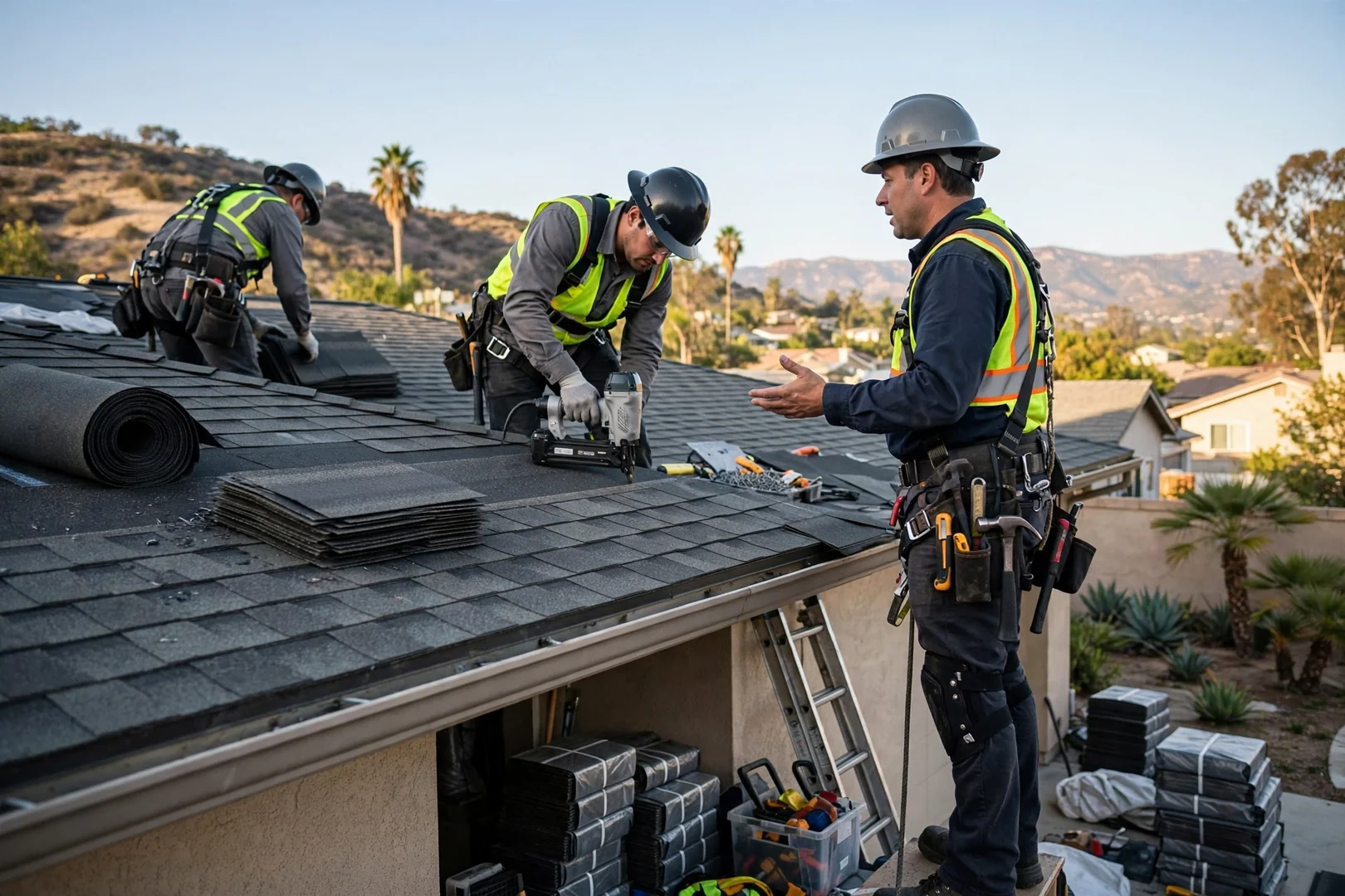 Seamless aluminum gutter section being fitted along a San Dimas home fascia board