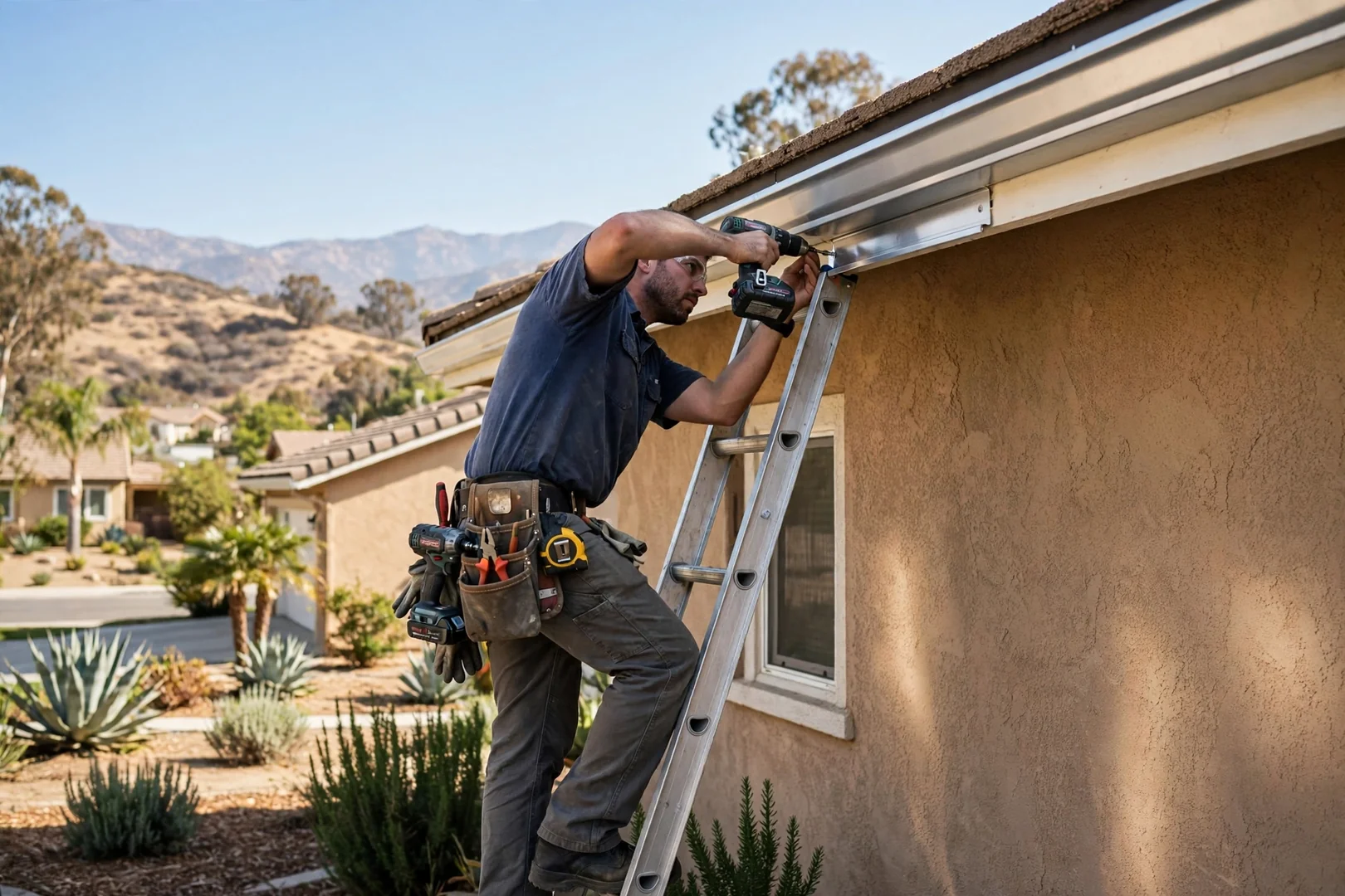 Installer mounting seamless aluminum gutter along fascia board on a San Dimas home