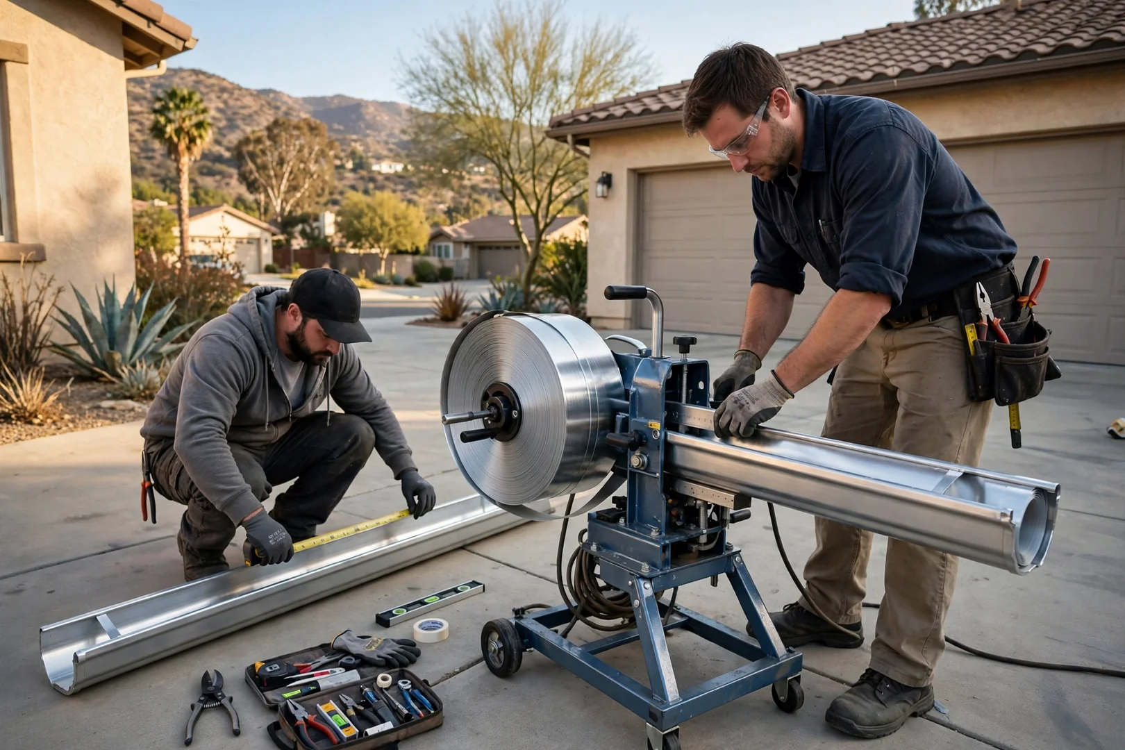Portable brake forming seamless gutter coil stock on site at a residential driveway