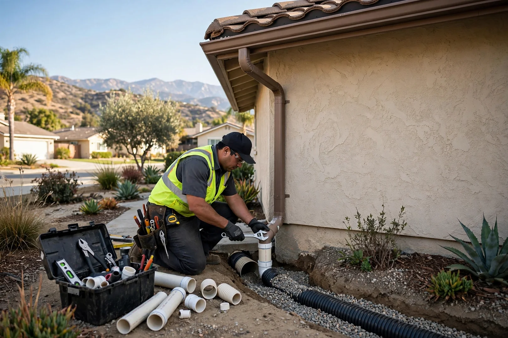 Downspout and outlet connection directing roof runoff away from a home foundation
