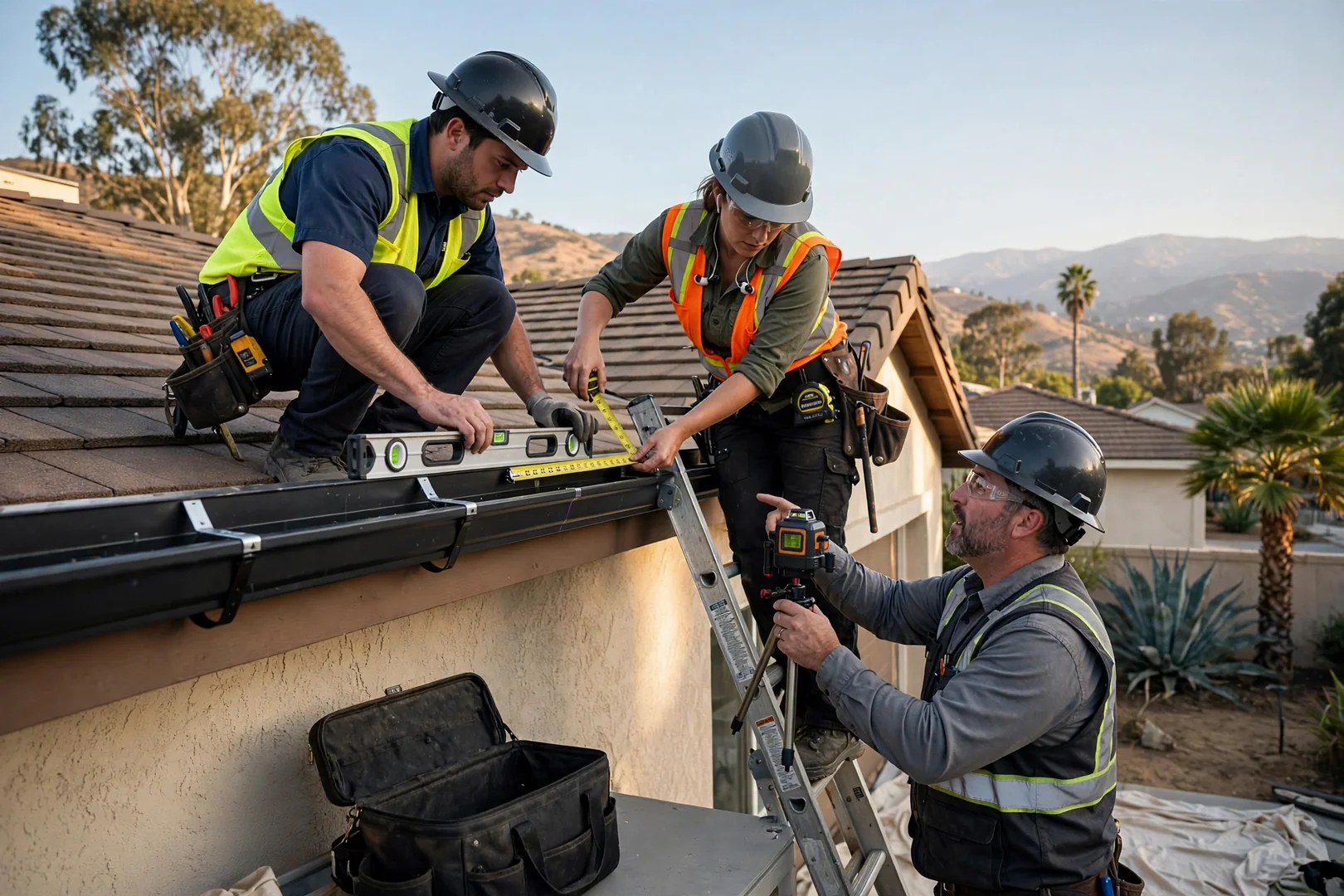 Crew checking gutter slope and hanger spacing during a roofline installation