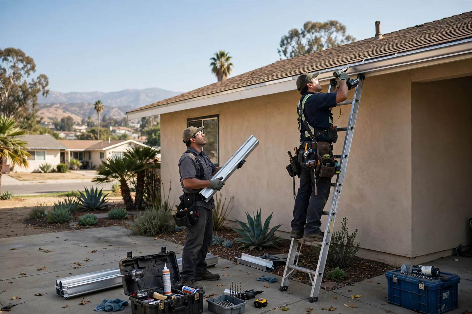Seamless aluminum gutter run installed along a single-story San Dimas ranch home roofline