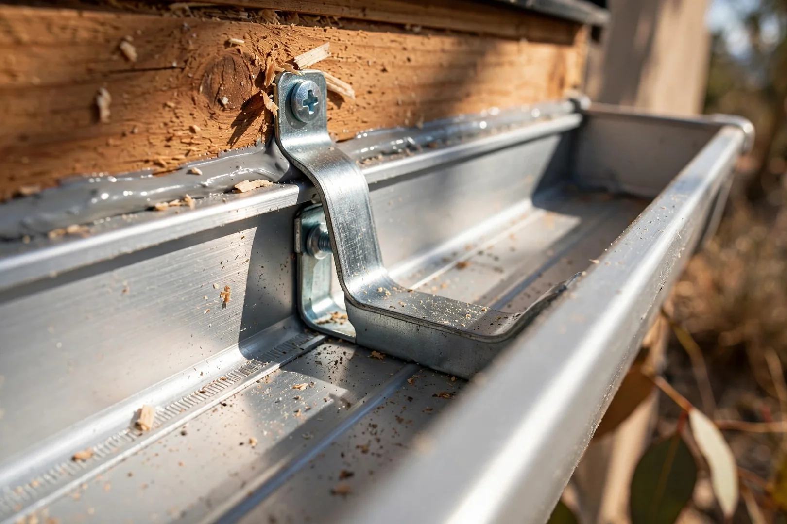 Close-up of hidden hanger fastened into fascia board on a newly installed gutter