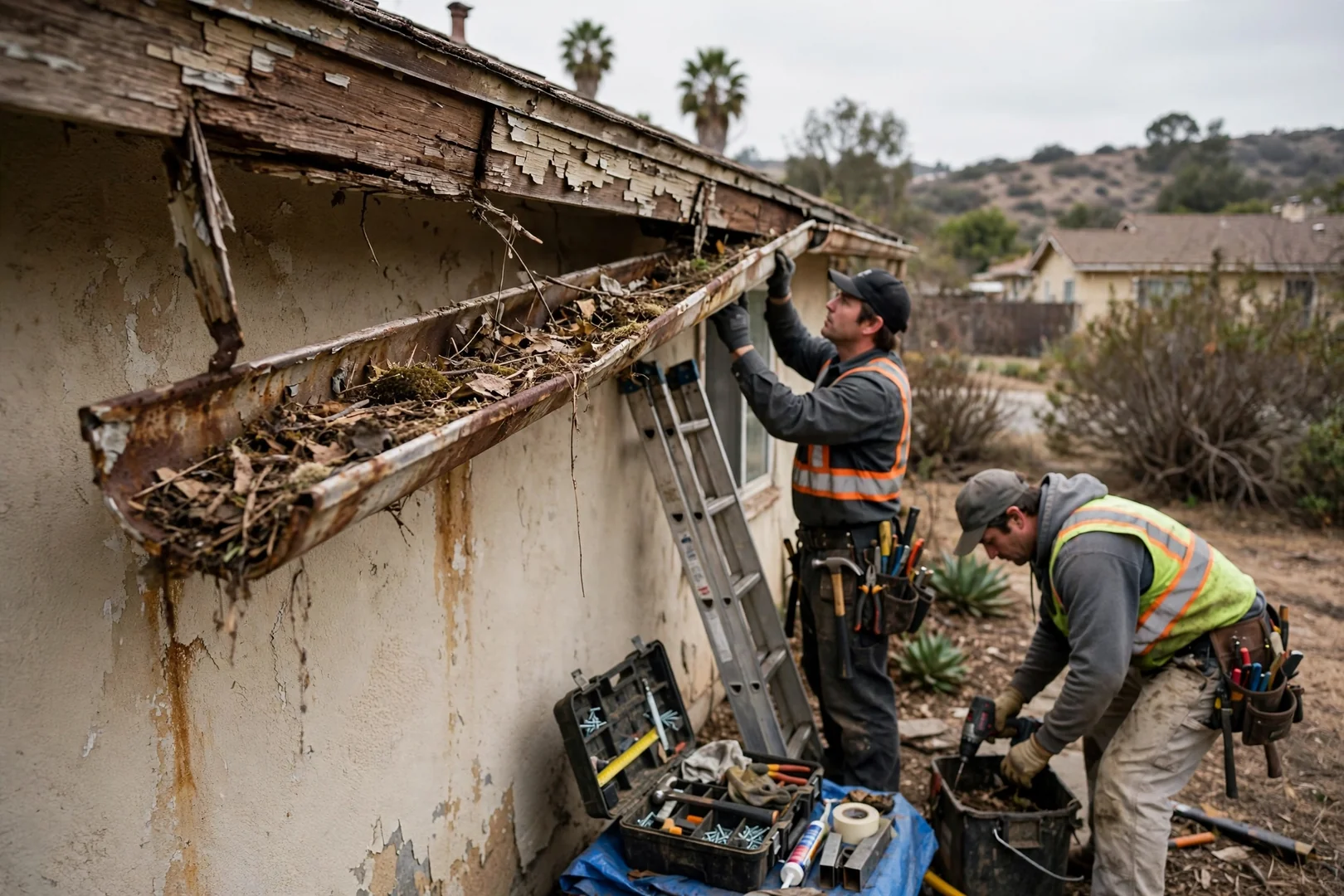 Sagging rusted sectional gutters before replacement on an older suburban home