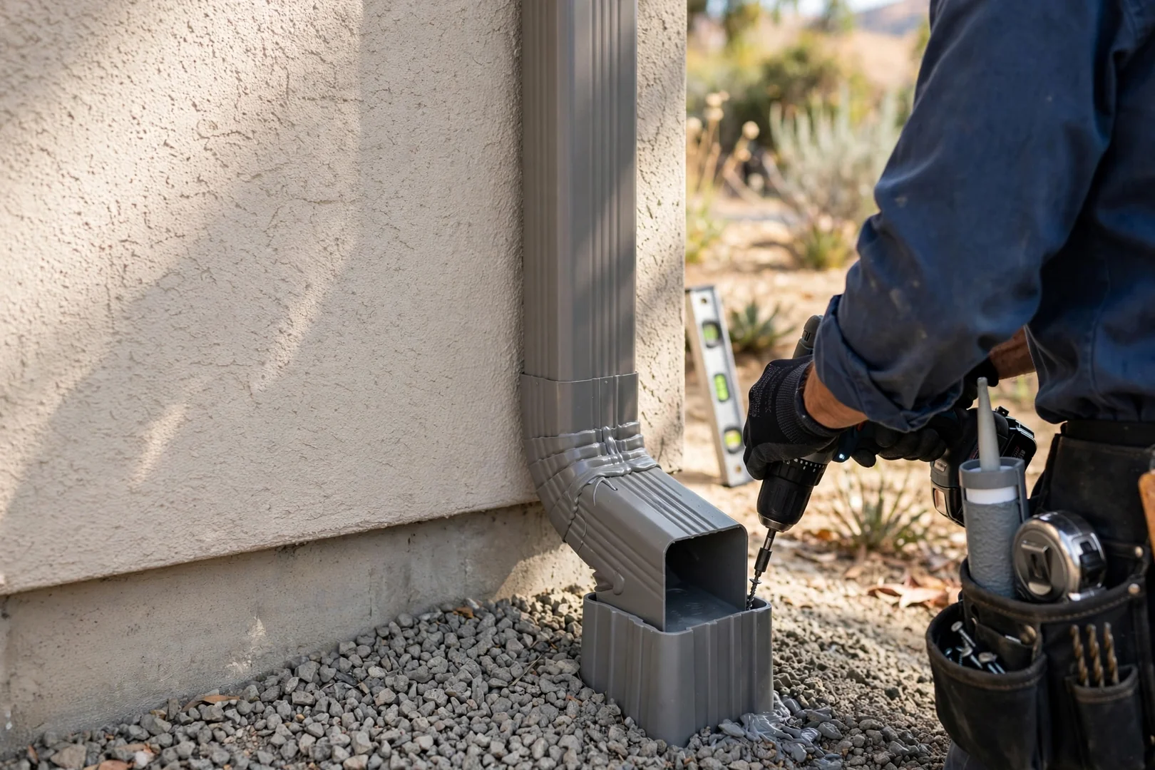 Downspout and elbow assembly routing water away from a home foundation