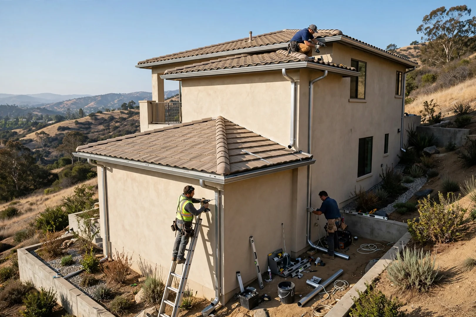 Two-story hillside home with new gutters and long downspout runs in San Dimas