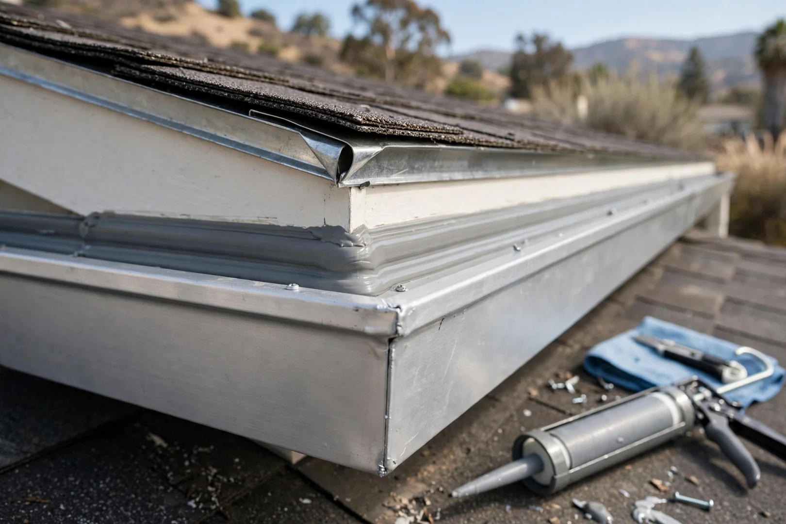 Mitered gutter corner joint sealed at an outside roof transition