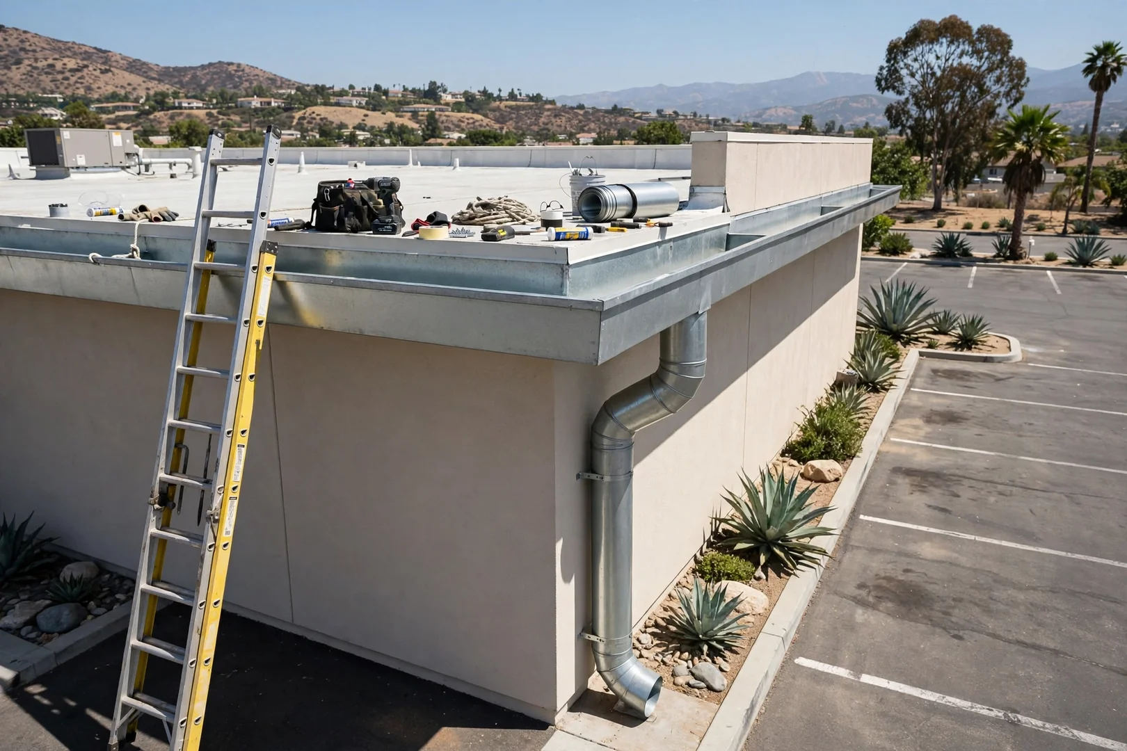 Oversized commercial gutter system installed along a flat-roof building parapet edge