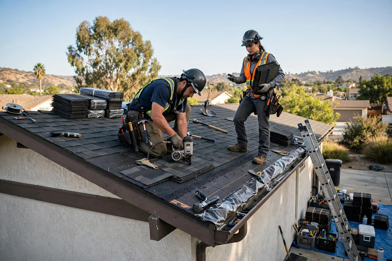 Roofing technician fastening seamless aluminum gutter section along fascia of a San Dimas home