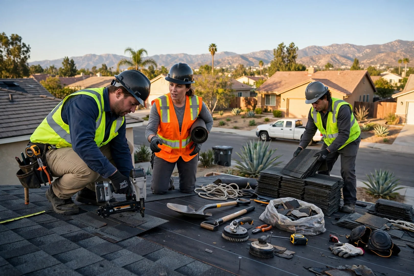 Standing seam metal roof panels being measured on a San Dimas home before installation