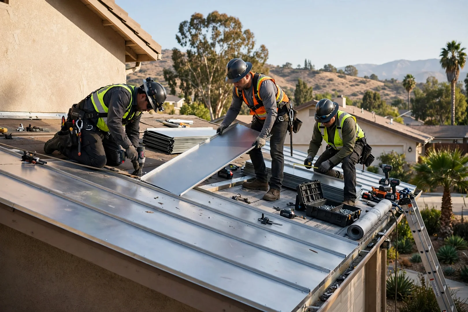 Roofing crew fastening standing seam metal panels on a San Dimas home