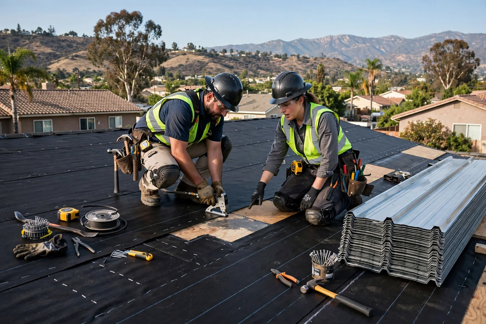 Synthetic underlayment and repaired decking prepared for metal panel installation
