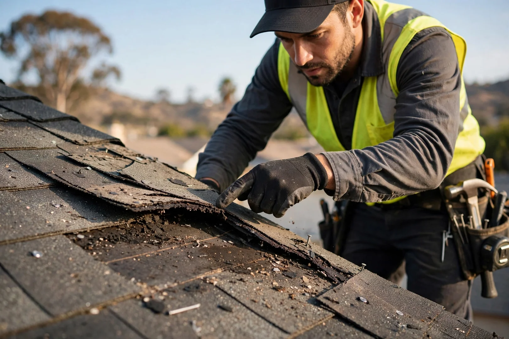 Rusted flashing and leak staining inspected before metal reroof