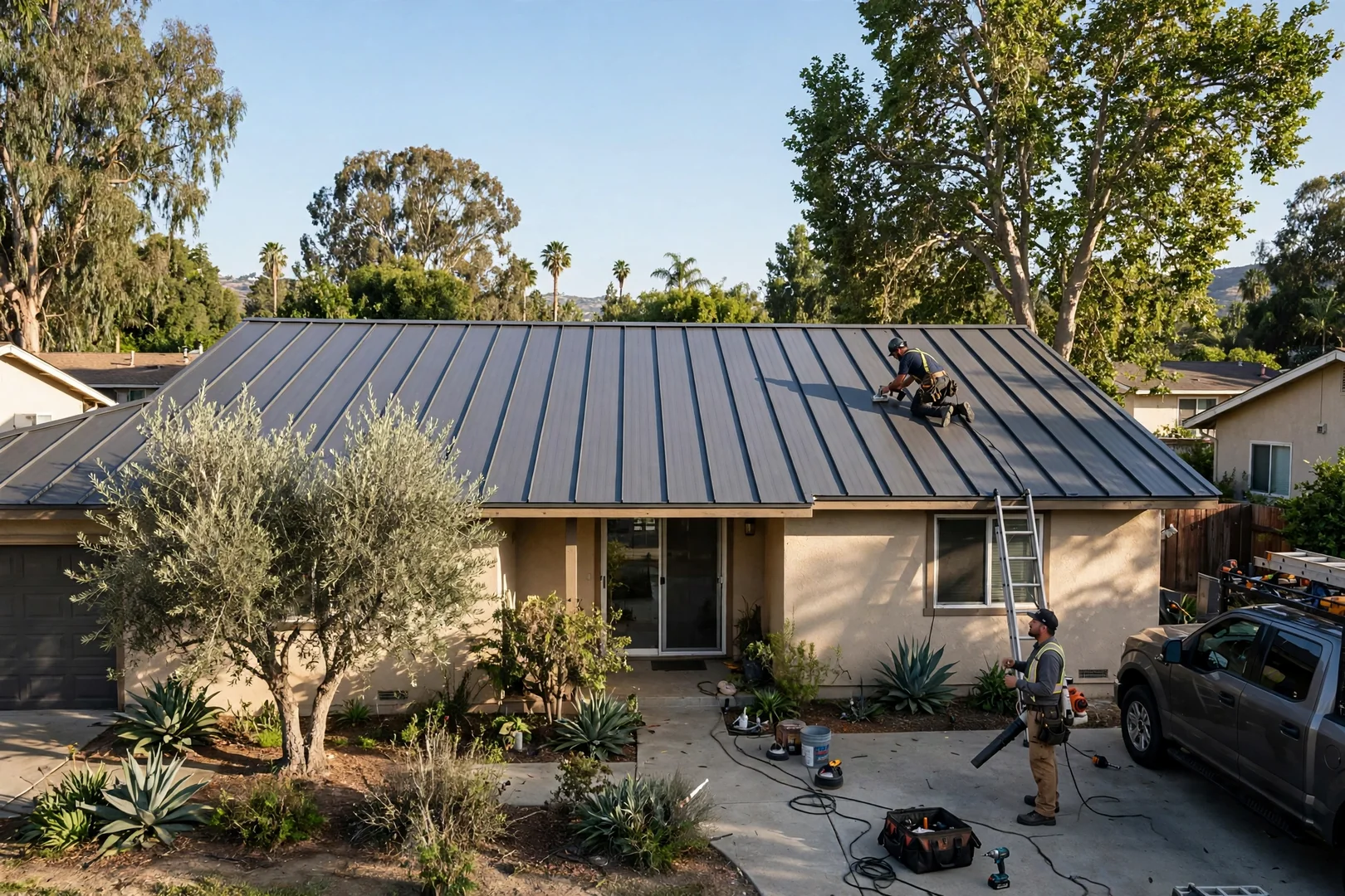 Finished standing seam metal roof on a single-story San Dimas ranch home