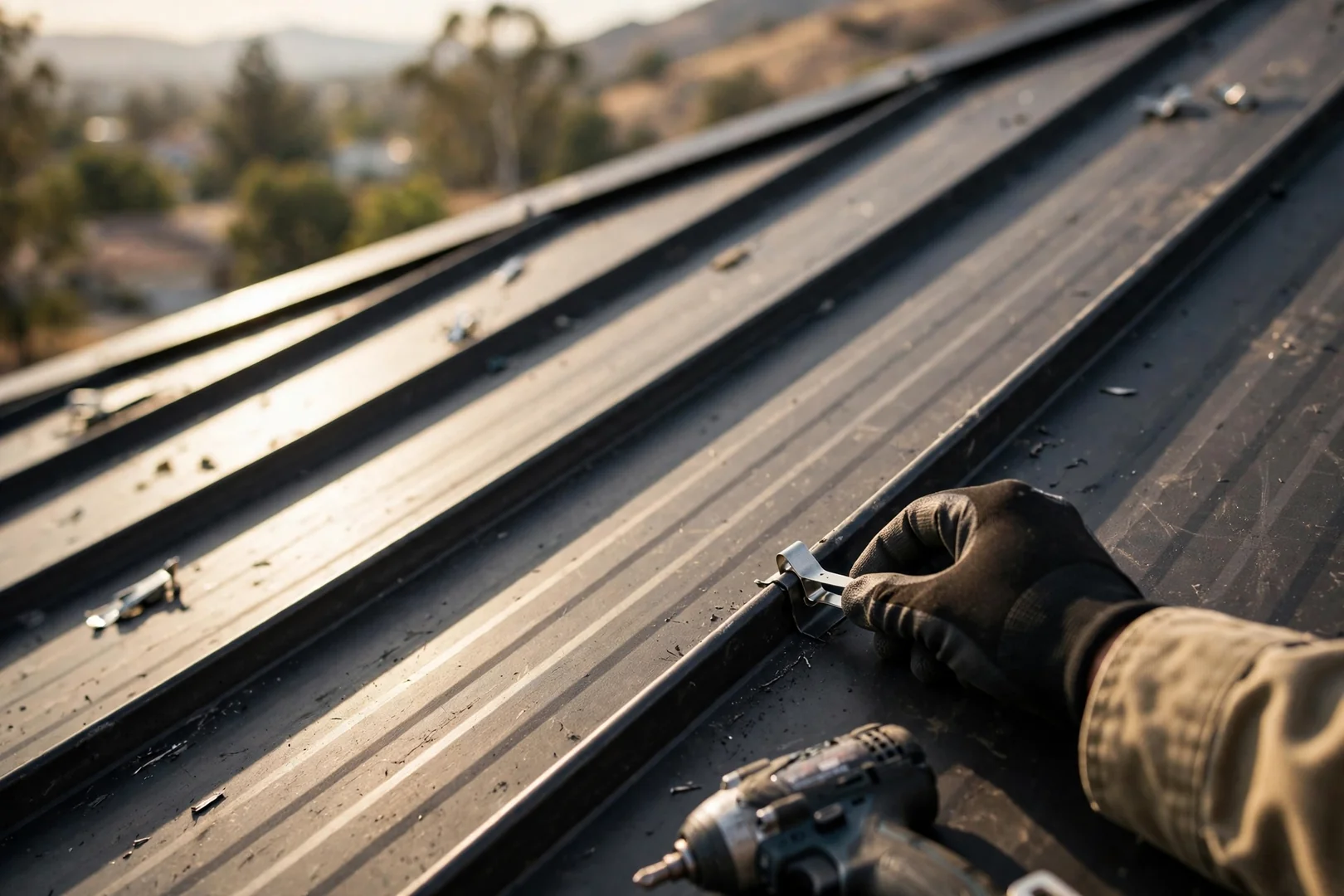 Close-up of concealed clip standing seam panels locked along a straight roof seam