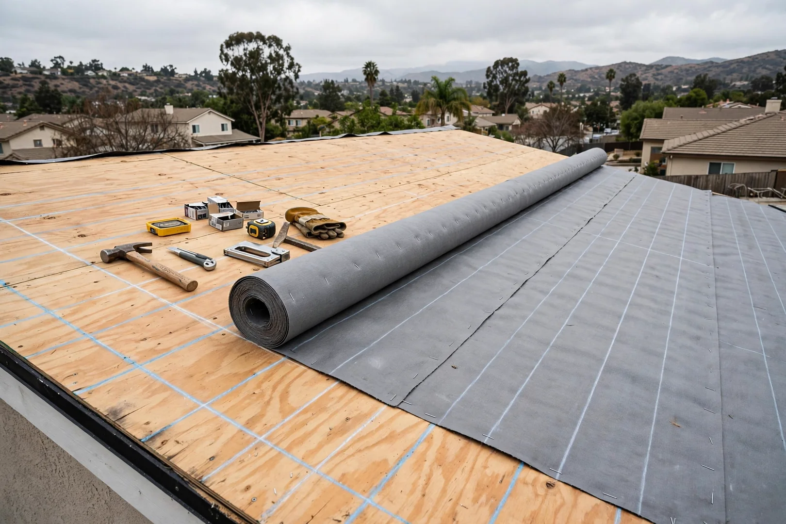 Roof deck stripped to bare sheathing with synthetic underlayment partially rolled out