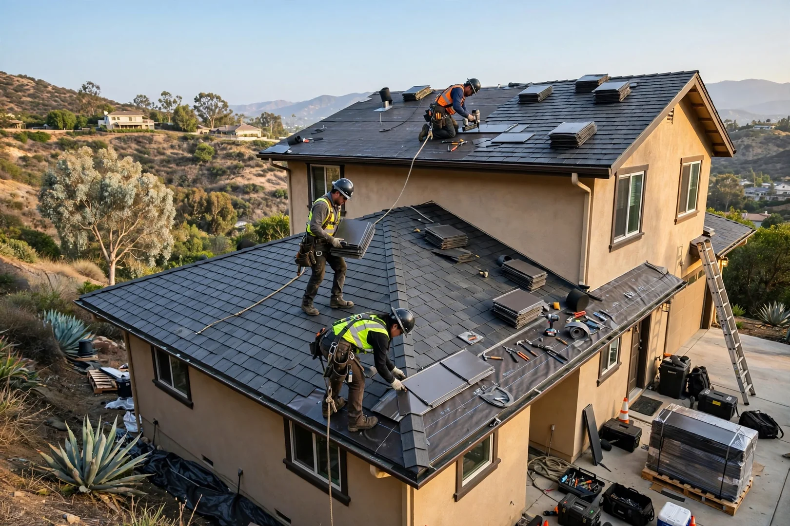 Metal shingle profile roofing installed on a two-story hillside property