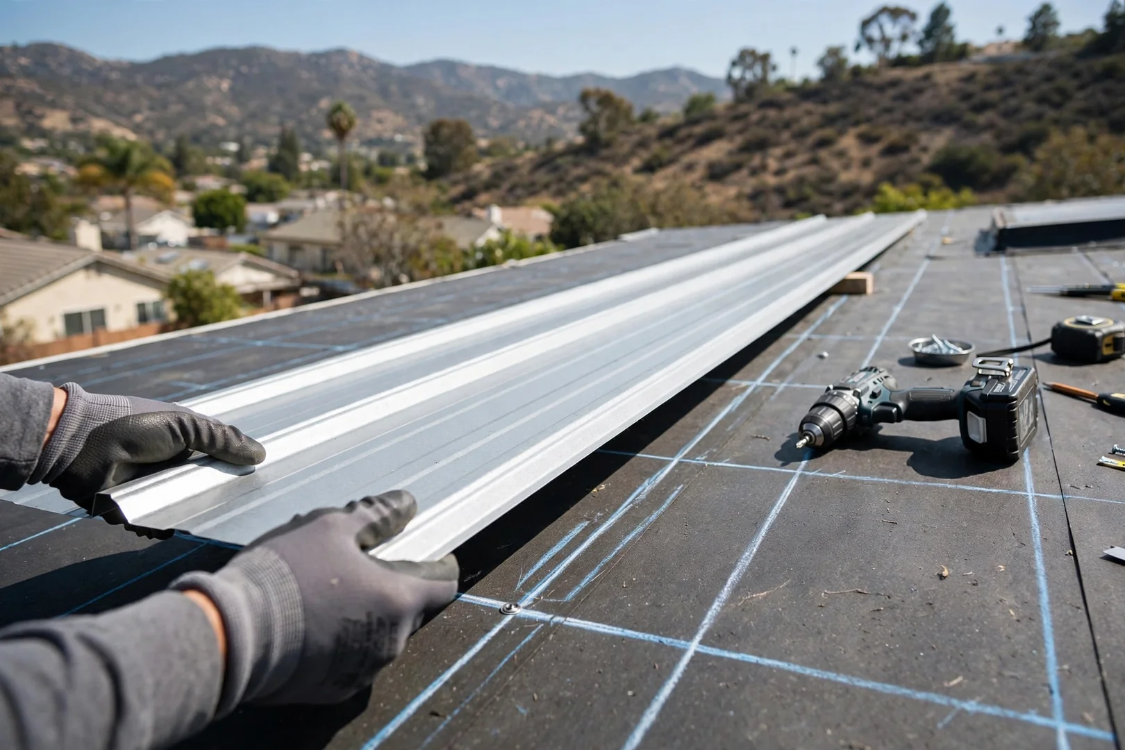 Crew member setting a metal panel to layout lines with hands only visible
