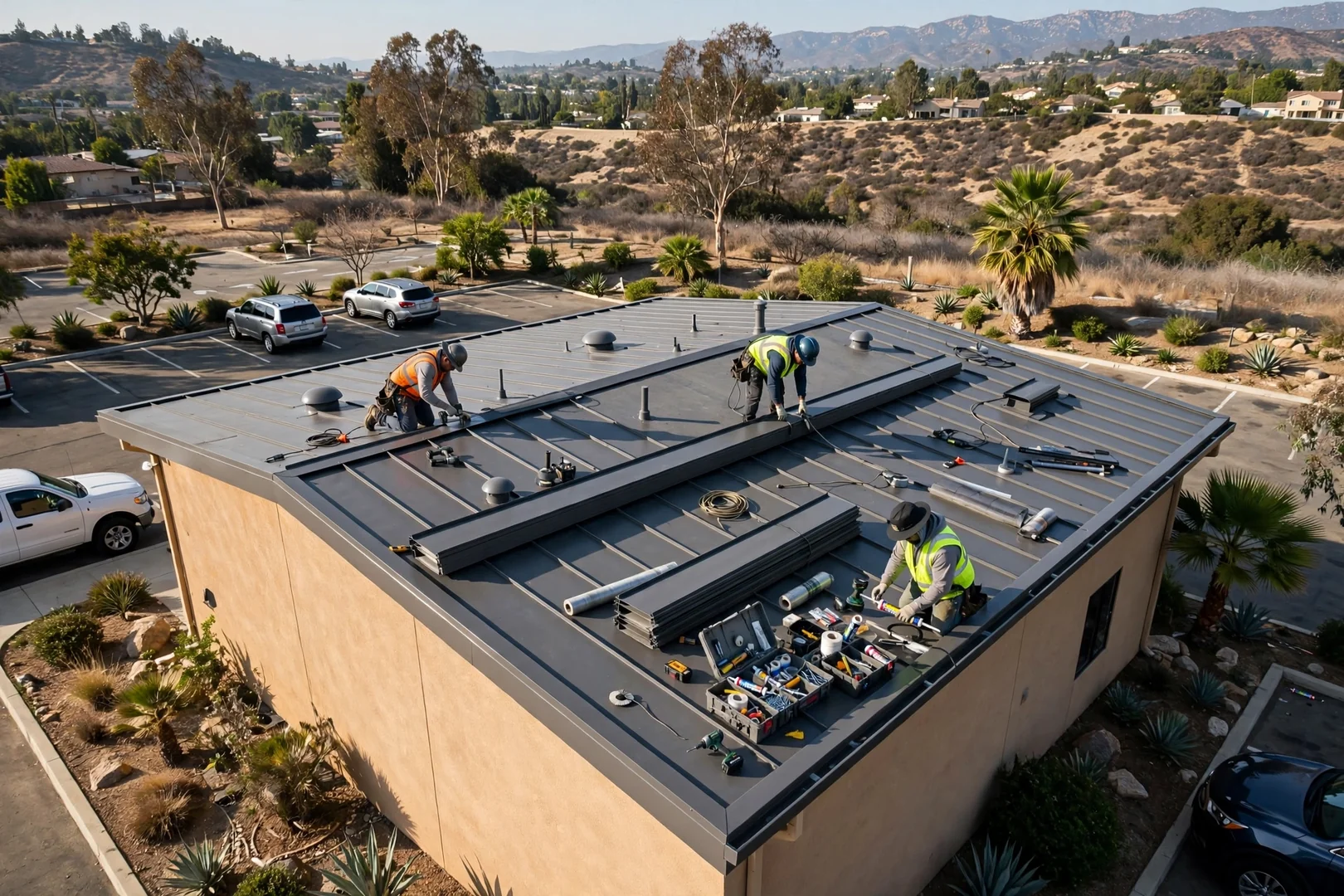 Light commercial building with new low-slope metal roofing and formed edge trim