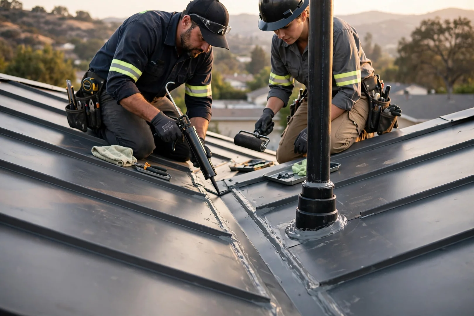 Valley flashing and penetration boot detail on a finished metal roof installation
