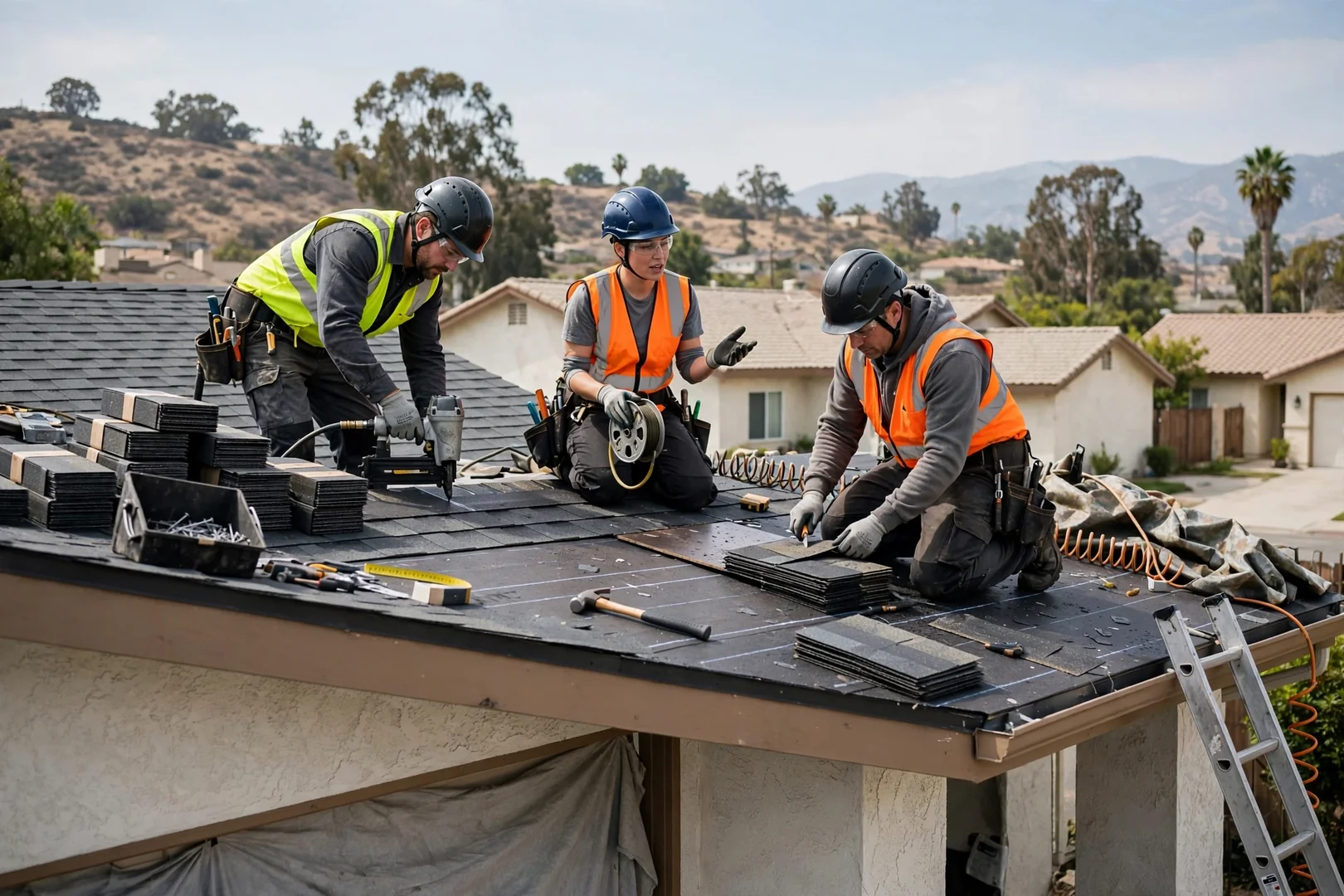 Roofing crew setting standing seam metal panels on a San Dimas home roof