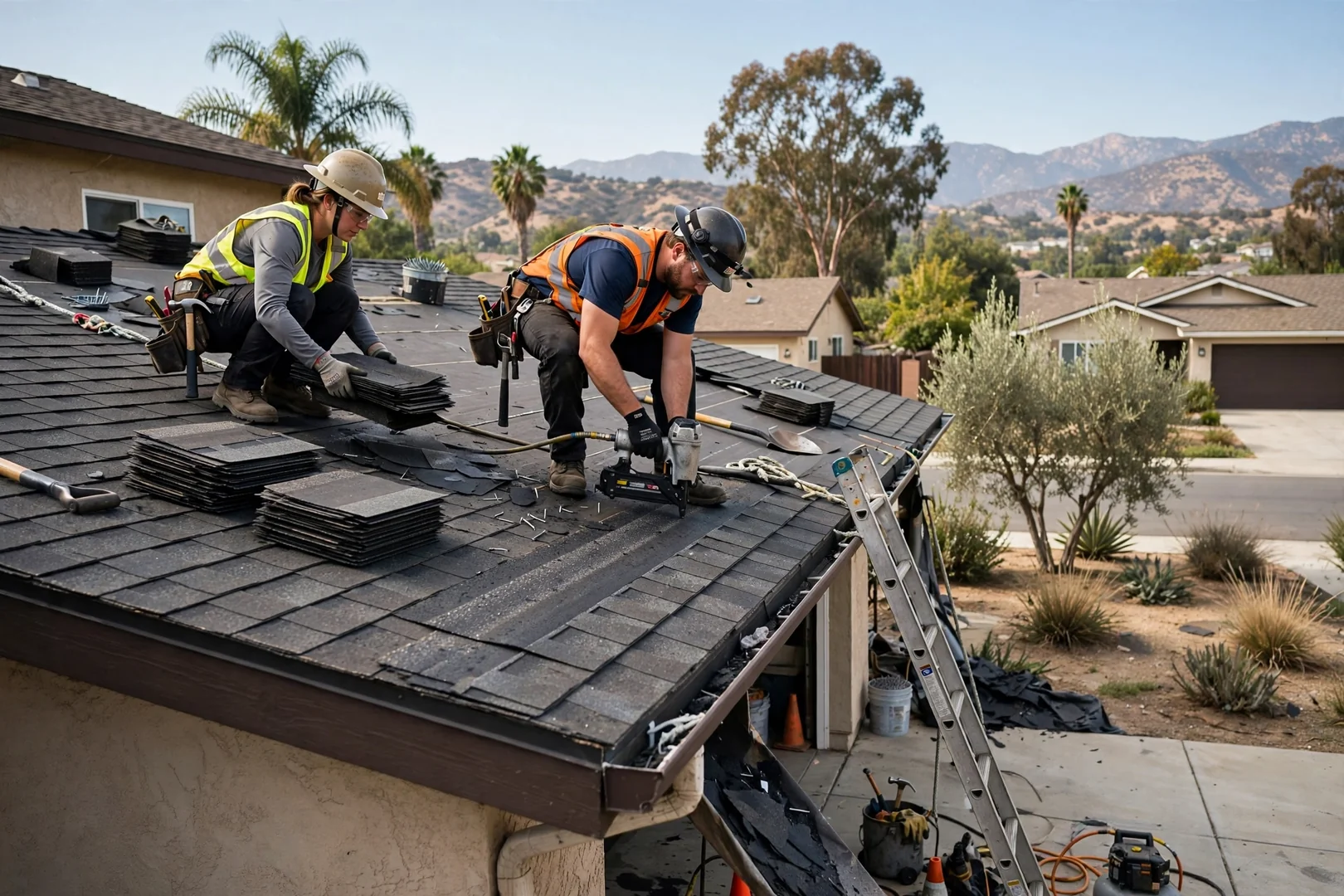 Roofing technician documenting tile roof condition during a scheduled inspection in San Dimas