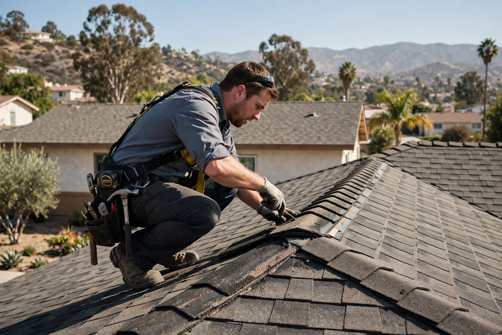 Roofing technician examining shingle field and ridge cap wear on a San Dimas home