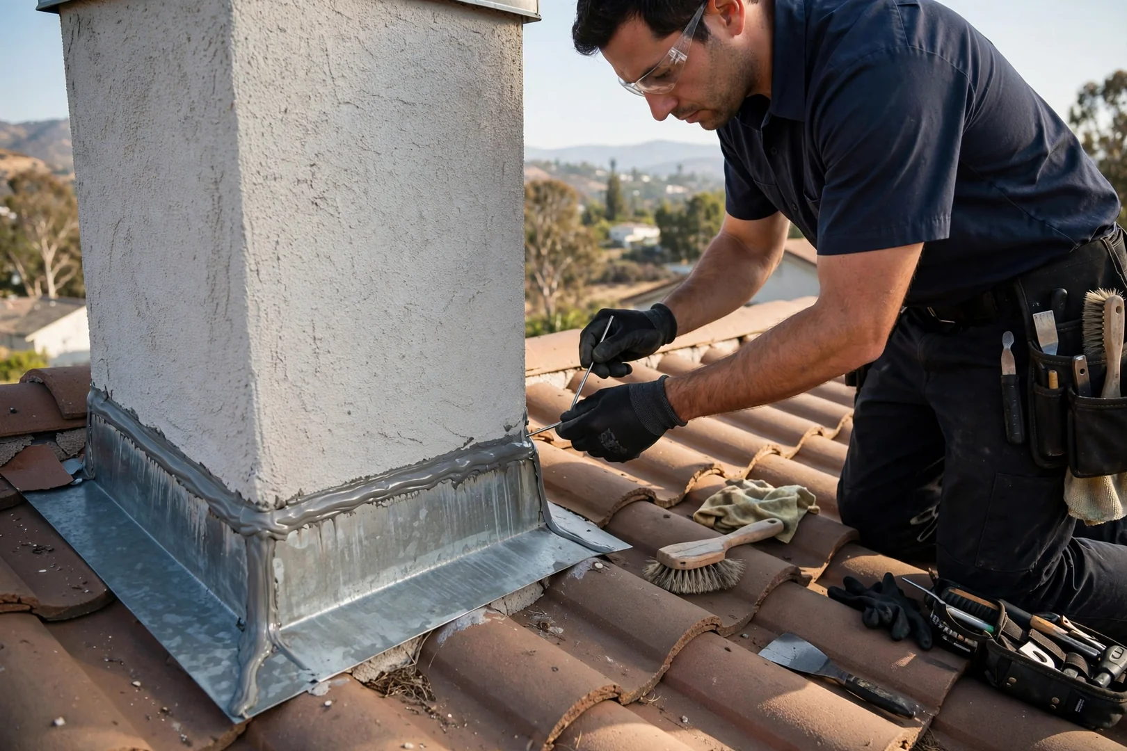 Close inspection of chimney counterflashing and sealant joints during a roof assessment