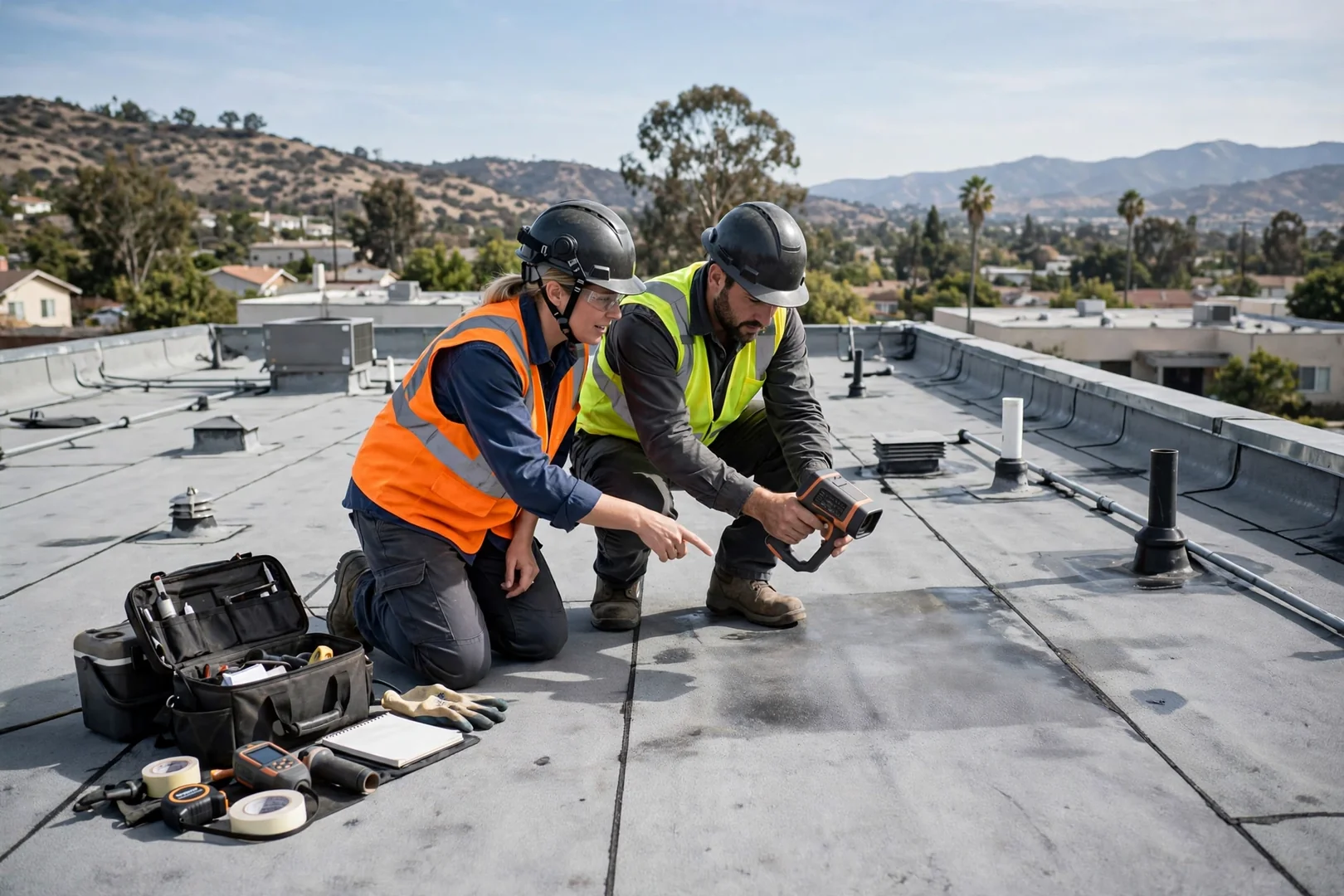Infrared moisture scan being performed on a commercial low-slope membrane roof