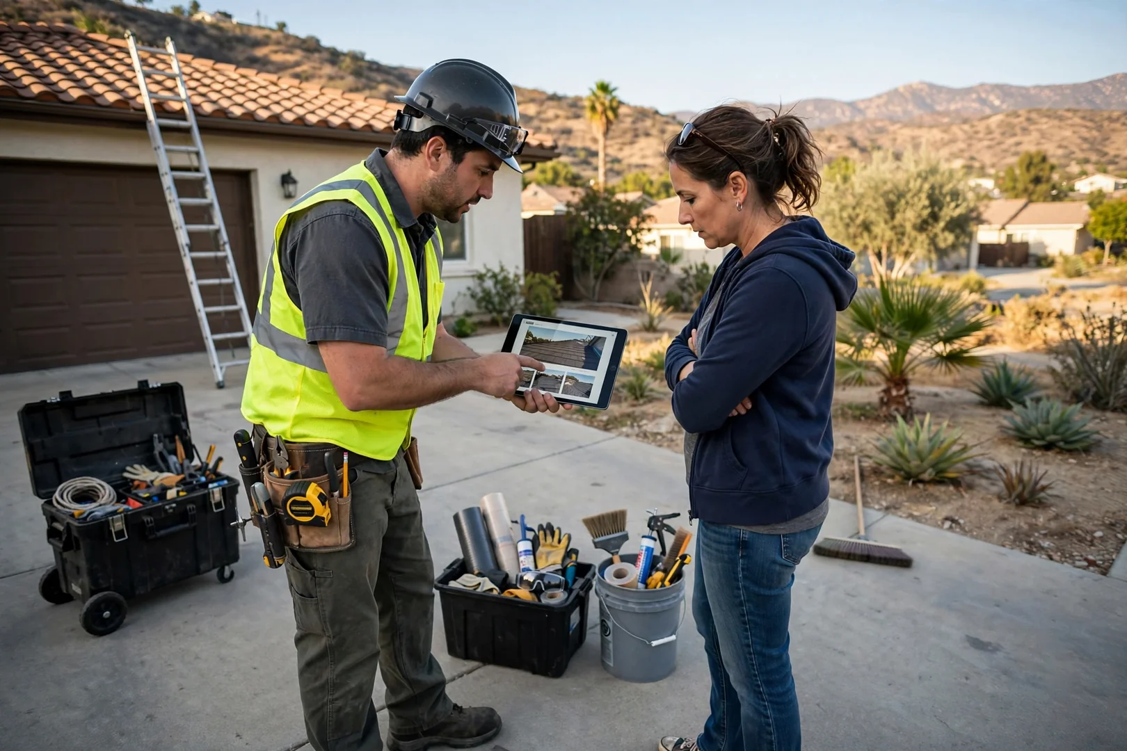 Inspector reviewing photo documented findings report with a homeowner on the driveway