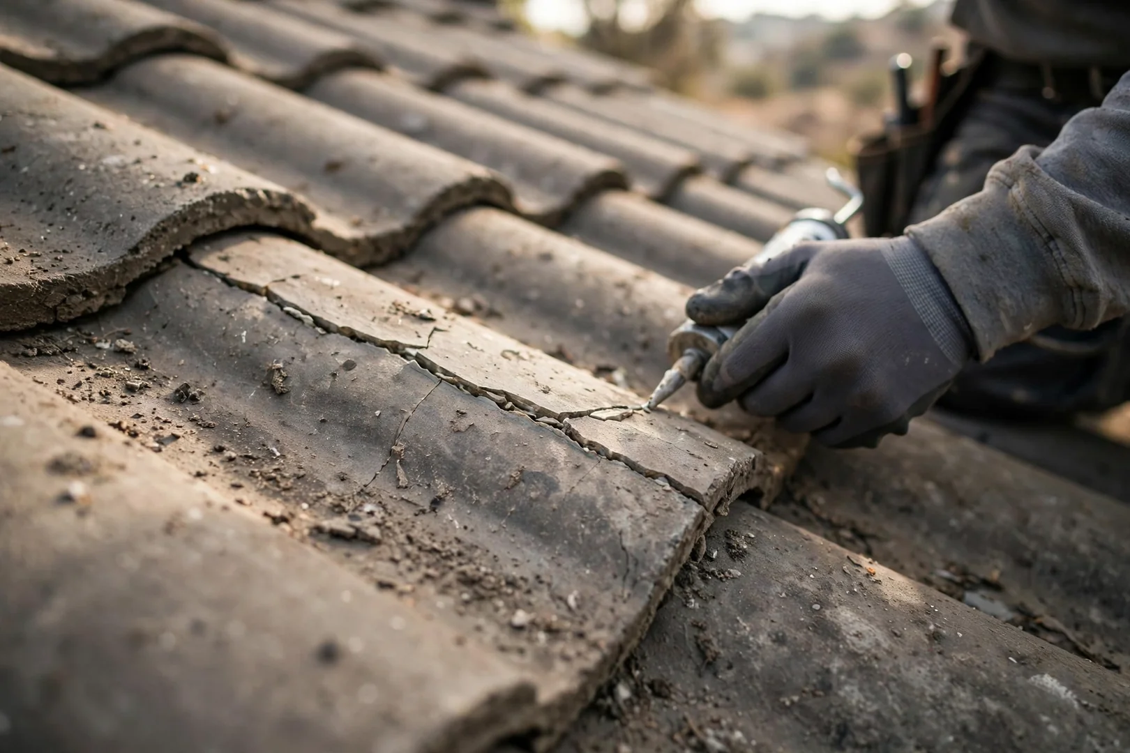 Close-up of cracked concrete roof tile flagged during a San Dimas roof inspection