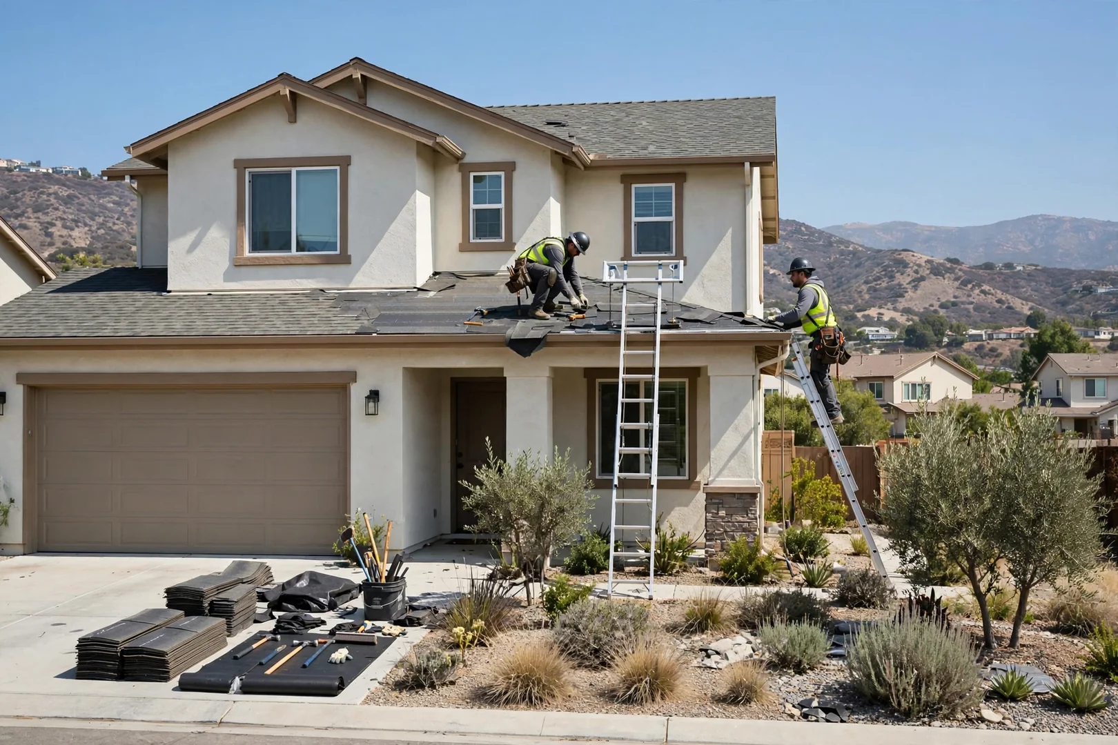 Wide view of a two-story shingle roof surveyed during a scheduled inspection appointment