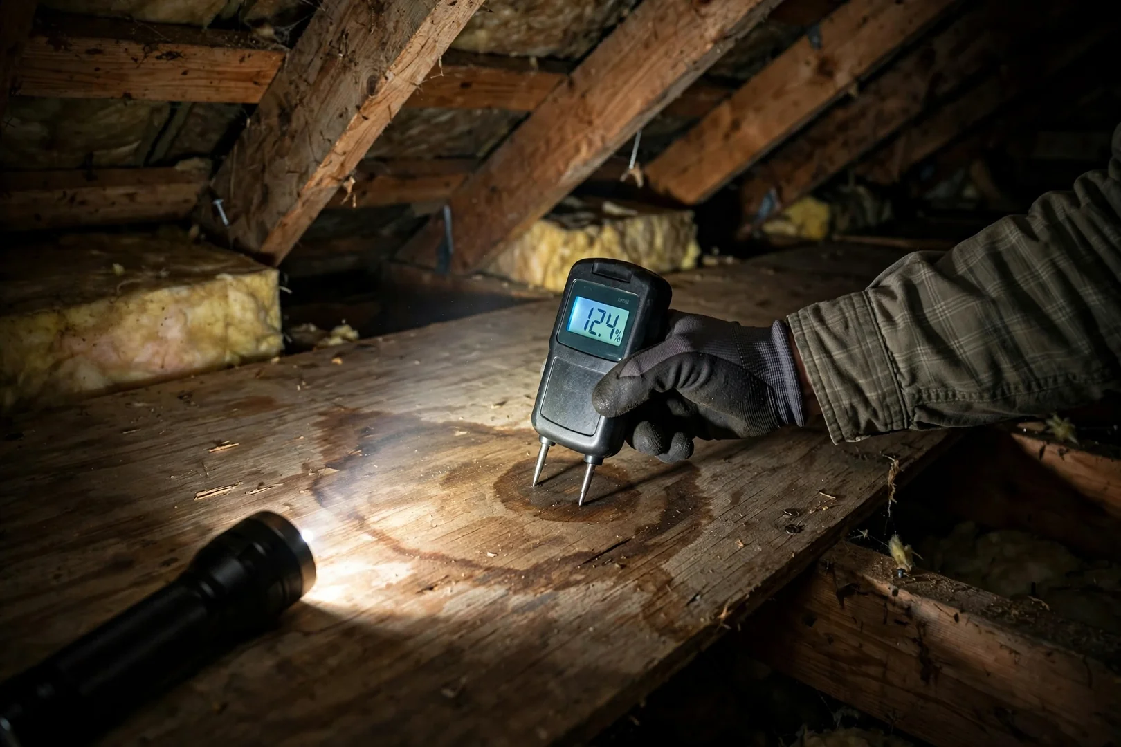 Moisture meter reading taken on roof decking during an attic verification check