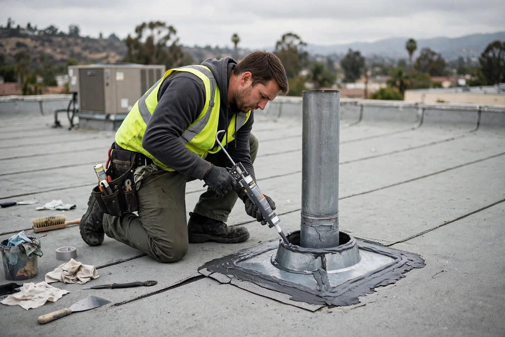 Flashing and vent boot condition documented on a low-slope commercial roof section