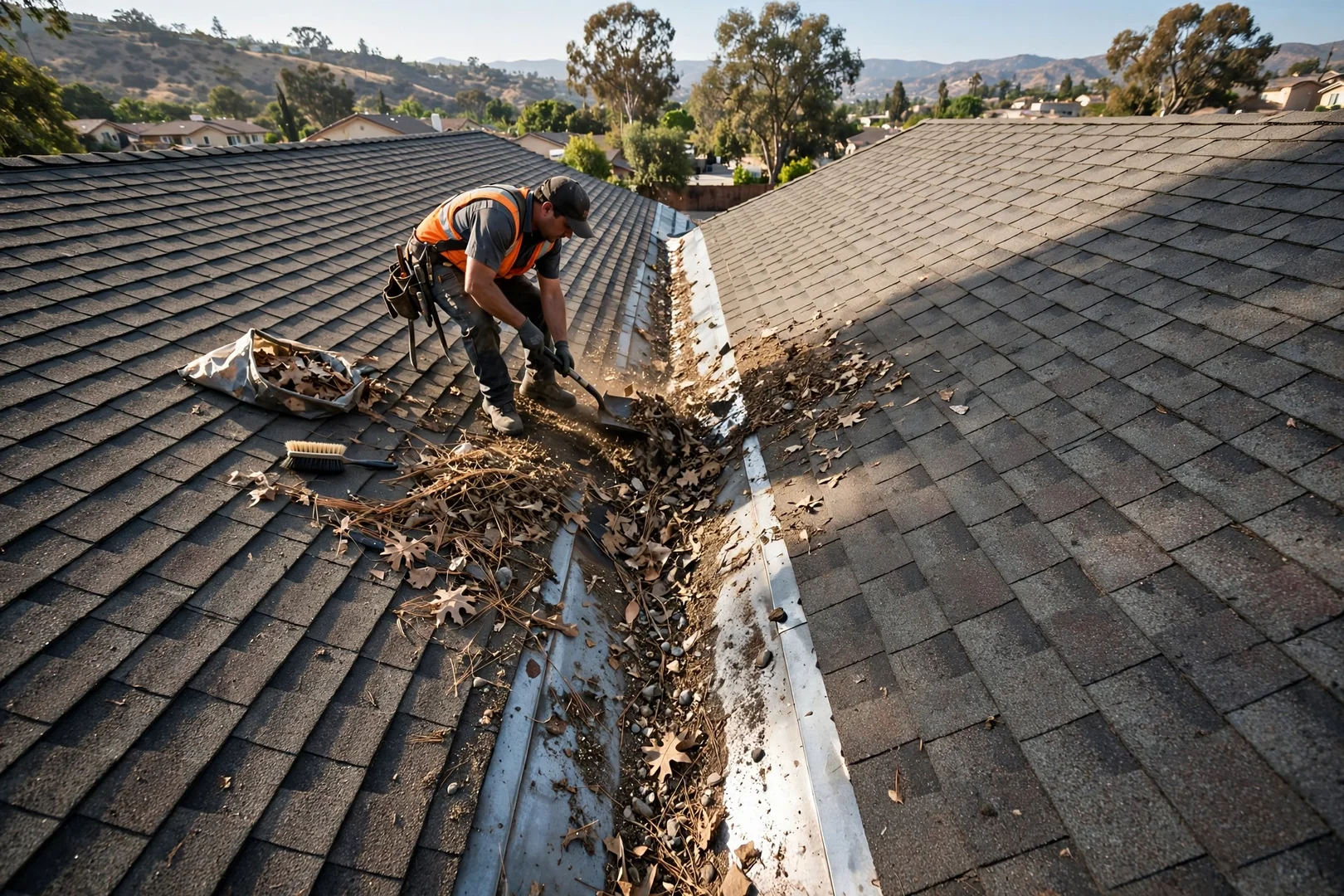 Clogged roof valley with debris buildup found before inspection cleanup recommendation
