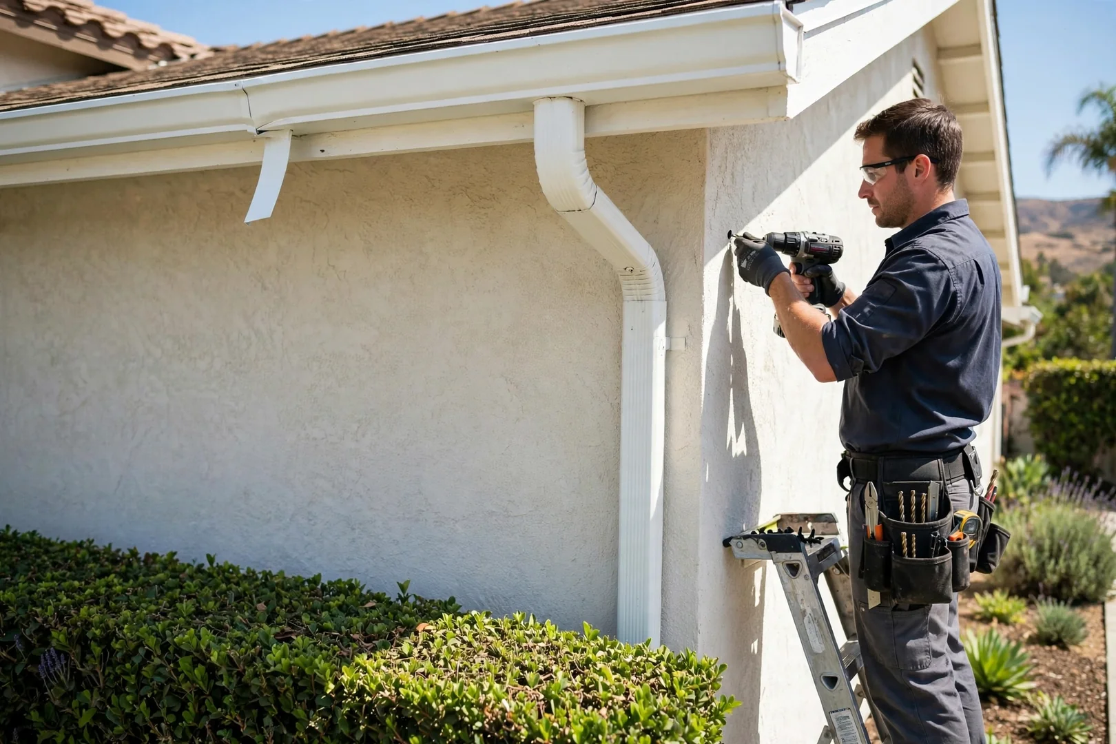 Gutter alignment and downspout discharge checked from ground level on a San Dimas home