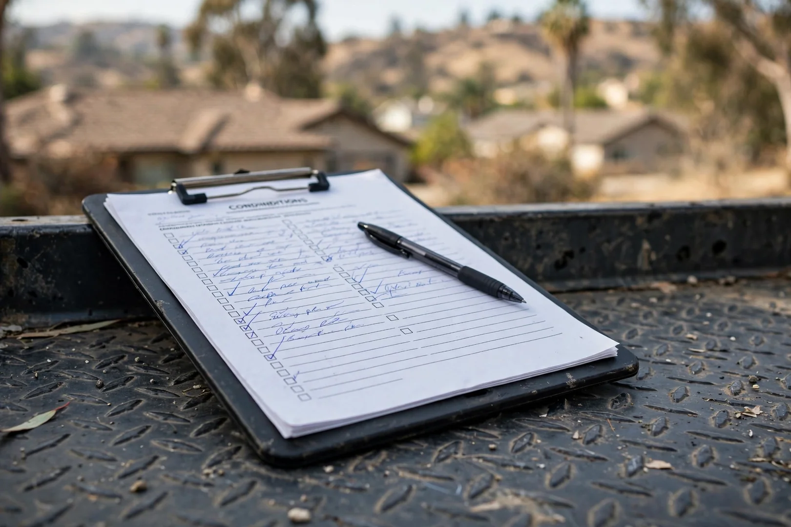 Photo-supported written roof inspection report reviewed on a clipboard at the job site
