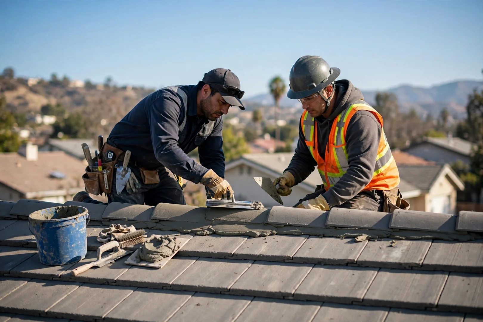 Finished inspection walkthrough view of a repaired tile roof ridge in San Dimas